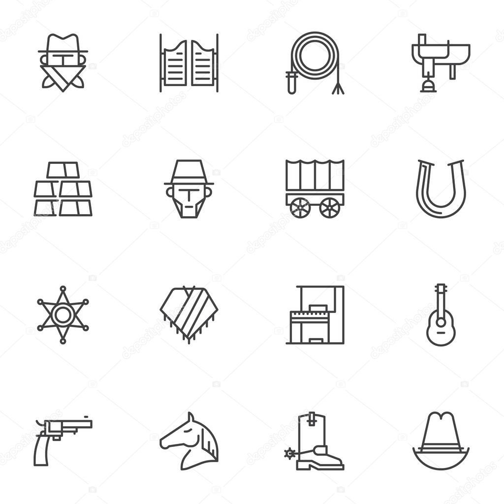Western cowboy line icons set. linear style symbols collection, Wild west outline signs pack. vector graphics. Set includes icons as salon, gold bars, face mask, horse shoe, gun, cowboy hat, boot shoe