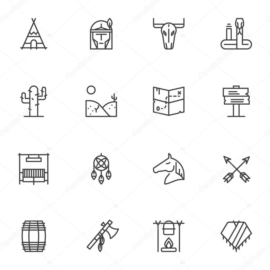 Native American Line icons set. linear style symbols collection, Wild west outline signs pack. vector graphics. Set includes icons as western cowboy, treasure map, horse, dream catcher, desert cactus
