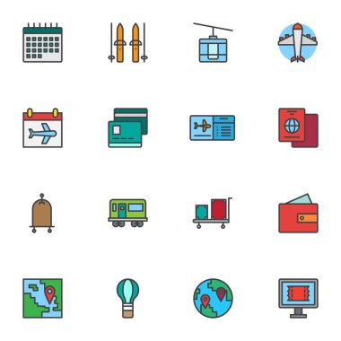 Seyahat ögeleri, doldurulmuş taslak simgeleri, çizgi vektör sembolü koleksiyonu, doğrusal renkli piktogram paketi. İşaretler, logo illüstrasyonu, Takvim çizelgesi, pasaport, uçuş bileti olarak simgeler
