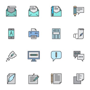 Yazışmalar, doldurulmuş taslak simgeleri, çizgi vektör sembolü koleksiyonu, doğrusal renkli piktogram paketi. İşaretler, logo illüstrasyonu, Set zarf e- posta, e-posta, haber simgeleri içerir