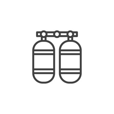 Oksijen silindiri çizgi simgesi. Mobil konsept ve web tasarımı için doğrusal biçim işareti. Oksijen tankı ana hatlı vektör simgesi. Dalış sembolü, logo çizimi. Vektör grafikleri