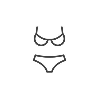 Kadın mayo çizgisi ikonu. Mobil konsept ve web tasarımı için kadın mayo çizgisel tabela. İç çamaşırı, sutyen ve bikinili külot vektör ikonu. Sembol, logo çizimi. Vektör grafikleri