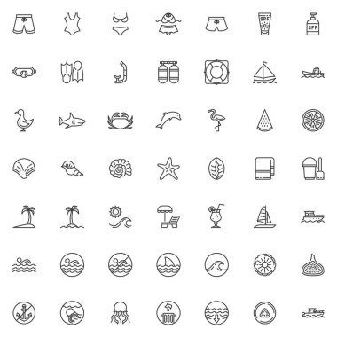 Yaz sahili çizgisi simgeleri hazır. Doğrusal biçim sembolleri koleksiyonu, ana tabela işaretleri paketi. Vektör grafikleri. Mayo, plaj şortu, deniz kabuğu, denizyıldızı, palmiye ağacı, deniz, güneş, yüzen adam olarak simgeler