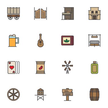 Vahşi Batı taslak simgeleri seti, çizgi vektör sembolü koleksiyonu, doğrusal renkli piktogram paketi. Tabelalar, logo illüstrasyonu, set bar, bira bardağı, gitar, iskambil kartları, tekerlek simgeleri içerir