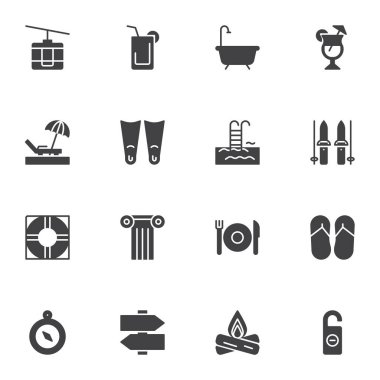 Yaz yolculuğu ikonları seti, modern katı sembol koleksiyonu, doldurulmuş resim paketi. İşaretler, logo illüstrasyonu. Set simgeleri plaj koltuğu, pusula, yüzme havuzu, kablolu tren yolu olarak içerir