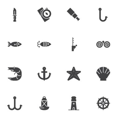 Balıkçılık ekipmanı vektör simgeleri seti, modern katı sembol koleksiyonu, doldurulmuş resim paketi. İşaretler, logo illüstrasyonu. Kümeler olta, yem, kanca, balık, pusula, bıçak, deniz kabuğu gibi simgeleri içerir