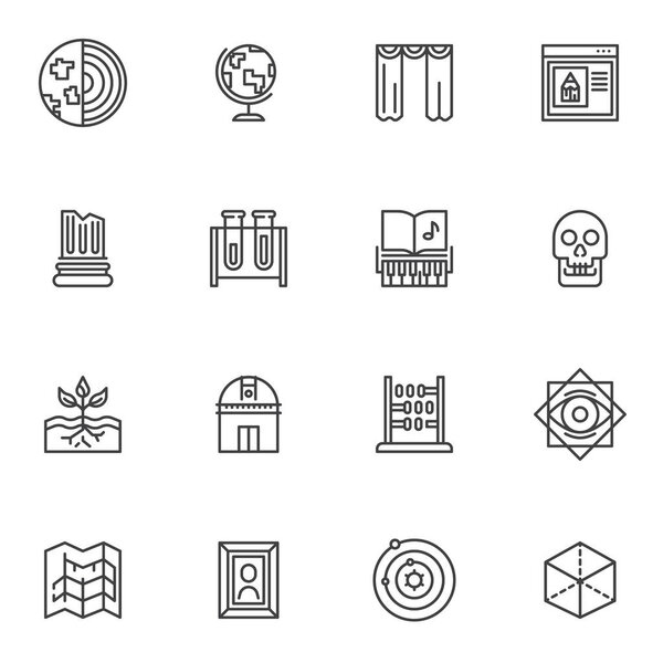 Набор иконок научной линии. Коллекция символов линейного стиля знаний, набор знаков "Образование". векторная графика. В набор входят такие дисциплины, как география, архитектура, астрономия, математика, музыка, анатомия, ботаника
