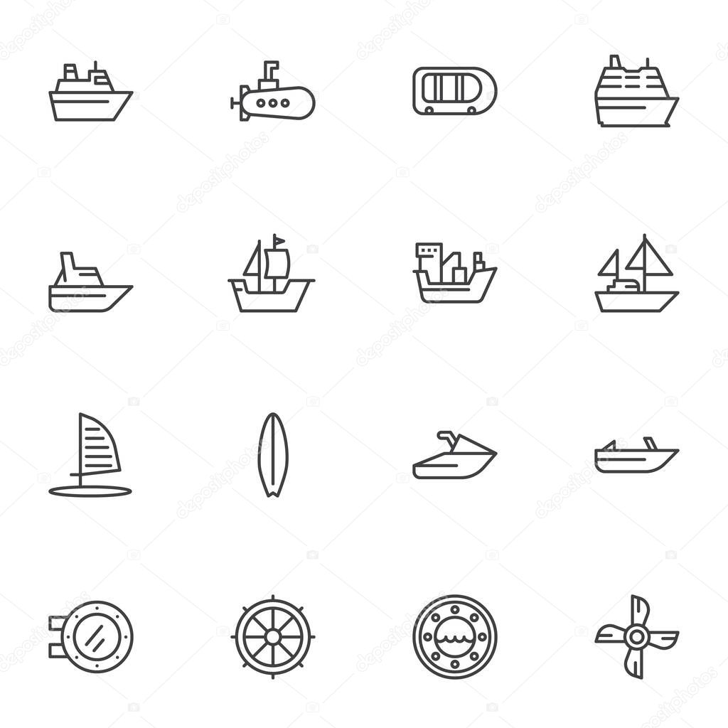 Nautical transport line icons set. linear style symbols collection, outline signs pack. vector graphics. Set includes icons as cargo ship, submarine, surfing, sailboat, boat, jet ski, cruise ship