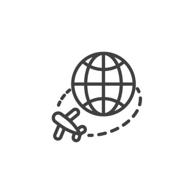 Dünya çapında seyahat çizgisi simgesi. Mobil konsept ve web tasarımı için dünya ve düzlem doğrusal işareti. Uçak yolculuğu ana hatları vektör simgesi. Sembol, logo çizimi. Vektör grafikleri