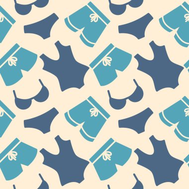 Plaj aksesuarları ikonu deseni. Yaz mayoları kusursuz arka plan. Kusursuz desen vektör çizimi