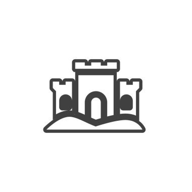 Kumdan kale vektör simgesi. Mobil konsept ve web tasarımı için düz tabela. Kumsaldaki kumdan kale sembolü. Sembol, logo çizimi. Vektör grafikleri