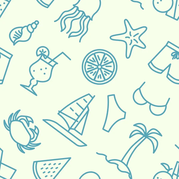 Plaj seyahat ikonları deseni. Yaz aksesuarları kusursuz. Kusursuz desen vektör çizimi