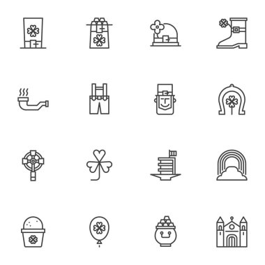 Aziz Patrick Günü çizgisi simgeleri ayarlandı. Doğrusal stil sembolleri koleksiyonu, Saint Patrick 'in tatil tabelaları paketi. Vektör grafikleri. Leprikon şapka, yonca çiçeği, hava balonu, bot gibi simgeler.