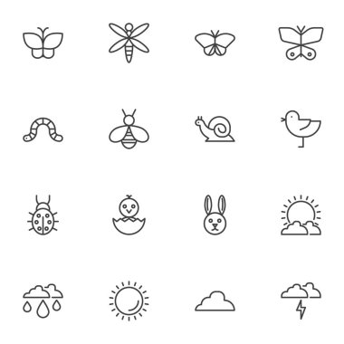 Bahar, hayvan çizgisi simgeleri ayarlandı. Doğrusal biçim sembolleri koleksiyonu, ana tabela işaretleri paketi. Vektör grafikleri. Sette böcekler, kelebekler, kuşlar, salyangozlar, uğur böceği, güneşli hava, yusufçuk, yavru