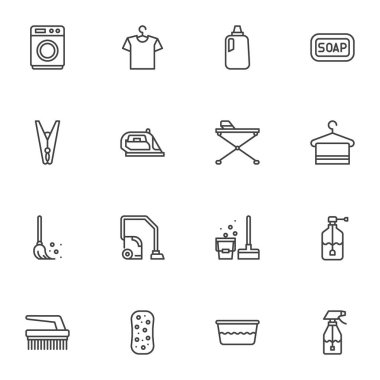 Temizlik ve ev işi çizgisi simgeleri ayarlandı. Doğrusal stil sembolleri koleksiyonu, ev aletleri ana tabela paketi. Vektör grafikleri. Çamaşır makinesi, ütü, elektrik süpürgesi ve fırça olarak simgeler