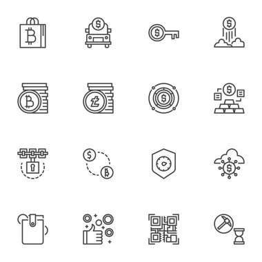 Kripto para birimi ve blok zinciri çizgisi simgeleri ayarlandı. Doğrusal stil sembolleri koleksiyonu, finansal teknoloji taslak tabela paketi. Vektör grafikleri. Fintech, dijital para depolama ve ödeme olarak simgeleri küme