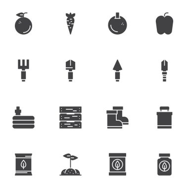 Bahçıvanlık, bahçecilik vektör ikonları seti, modern katı sembol koleksiyonu, doldurulmuş resim paketi. İşaretler, logo illüstrasyonu. Sette meyve, sebze, kürek, tırmık, sulama hortumu gibi ikonlar yer alıyor