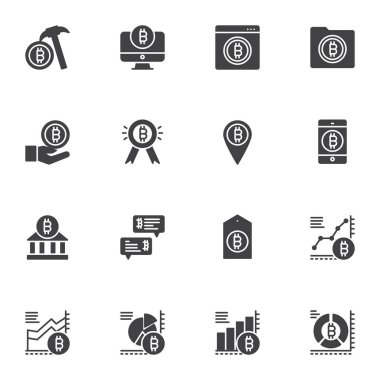 Kripto para birimi maden vektör ikonları seti, modern katı sembol koleksiyonu, Bitcoin dolu resim paketi. İşaretler, logo illüstrasyonu. Bitcoin madenciliği, çevrimiçi ödeme, fiyat etiketi olarak simgeleri küme