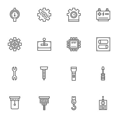 Fabrika araç çizgisi simgeleri ayarlandı. Doğrusal biçim sembolleri koleksiyonu, Onarım servis ana hatları tabela paketi. Vektör grafikleri. Ölçü basınç göstergesi olarak simgeleri, ayarlama teçhizatı, anahtar, endüstriyel vinç