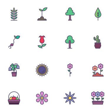 Çiçek ağaçları ana hatları dolduran ikonlar, çizgi vektör sembolü koleksiyonu, doğrusal renkli piktogram paketi. İşaretler, logo illüstrasyonu, sette büyüyen bitki, filiz, kaktüs, lale, ayçiçeği gibi simgeler yer alır.