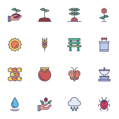 Bahçıvanlık doldurulmuş taslak simgeleri, çizgi vektör koleksiyonu, çiftçi doğrusal renkli resim paketi. İşaretler, logo illüstrasyonu, sette toprak, buğday, bal kavanozu gibi büyüyen bitkiler yer alır.