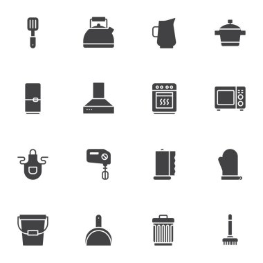 Ev elemanları vektör simgeleri seti, modern katı sembol koleksiyonu, doldurulmuş biçim piktogram paketi. İşaretler, logo illüstrasyonu. Set, mutfak gereçleri, çaydanlık, tencere, mikrodalga fırın gibi ikonları içerir