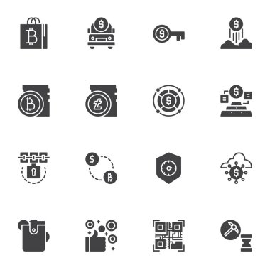 Kripto para birimi ve Blockchain vektör simgeleri seti, modern katı sembol koleksiyonu, Finansal teknoloji dolu pictogram paketi. İşaretler, logo illüstrasyonu. Set simgeleri fintech, dijital para olarak içerir