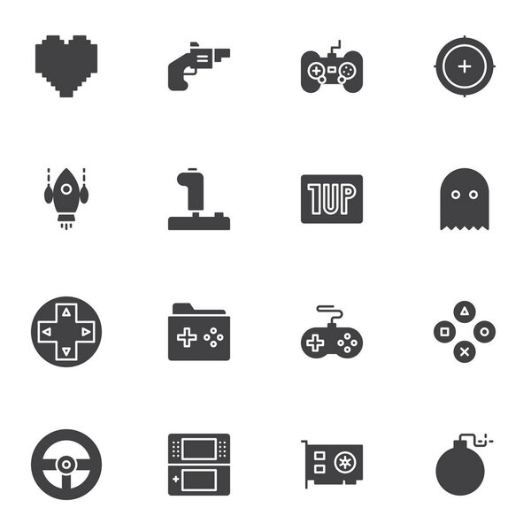 Video game vector icons set, modern solid symbol collection, filled style pictogram pack. Signs, logo illustration. Set includes icons as arcade game, shooter, gamepad, console controller buttons