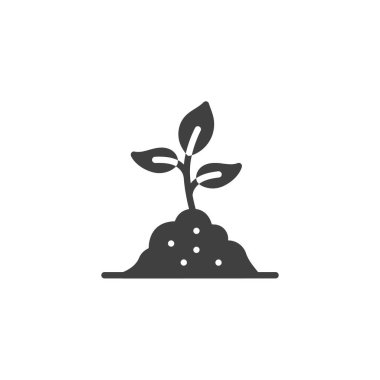 Toprak vektör ikonunda bitki yetiştiriyorum. Mobil konsept ve web tasarımı için düz tabela. Tohum yetiştirme kabartma simgesi. Tarım sembolü, logo çizimi. Vektör grafikleri