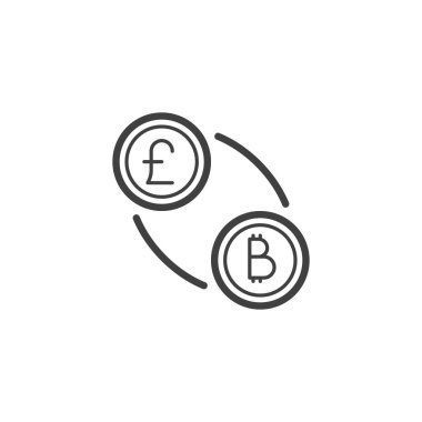 Pound ve Bitcoin değişim hattı simgesi. Mobil konsept ve web tasarımı için doğrusal biçim işareti. Uk pound ve bitcoin şifreleme ana hatları vektör simgesi. Sembol, logo çizimi. Vektör grafikleri