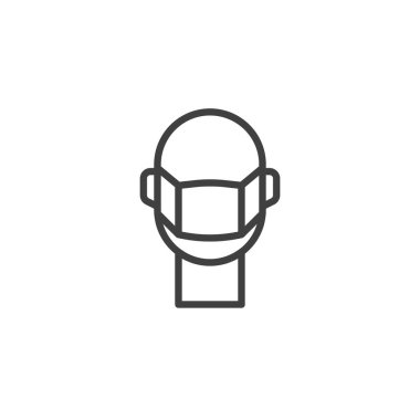 Tıbbi maske çizgisi ikonu olan adam. Mobil konsept ve web tasarımı için doğrusal biçim işareti. Koruyucu yüz maskesi taslak vektör simgesi. Sembol, logo çizimi. Vektör grafikleri