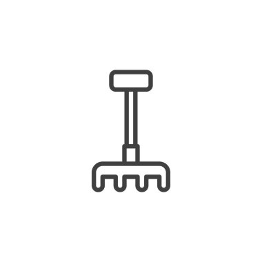 Bahçe tırmığı çizgisi simgesi. Mobil konsept ve web tasarımı için doğrusal biçim işareti. Toprak işleme, tırmık ana hatları vektör simgesi. Sembol, logo çizimi. Vektör grafikleri