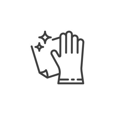 Paçavra çizgisi simgesiyle temizleme. Mobil konsept ve web tasarımı için doğrusal biçim işareti. Kumaş çizgili vektör ikonu ile elle silme. Temizlik hizmeti sembolü, logo illüstrasyonu. Vektör grafikleri