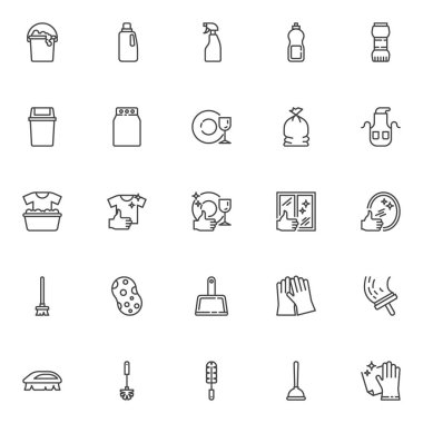 Temizleme servis çizgisi simgeleri ayarlandı. Doğrusal biçim sembolleri koleksiyonu, ana tabela işaretleri paketi. Hizmetçi servisi vektör grafikleri. Küme temizlik paspası ve faraş, fırça, halı, deterjan tozu ve eldiven olarak simgeler