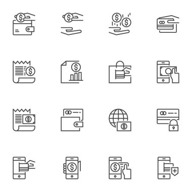 Ödeme yöntemi çizgisi simgeleri ayarlandı. Bankacılık ve finans tarzı semboller koleksiyonu, ana tabela paketleri. Vektör grafikleri. Kümeler nakit para, kredi kartı, mobil bankacılık ve güvenli ödeme olarak simgeleri içerir