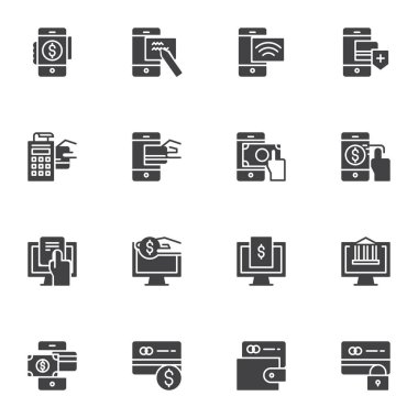 E-ödeme vektör simgeleri seti, Internet Banking modern katı sembol koleksiyonu, ödeme yöntemi doldurulmuş pictogram paketi. İşaretler, logo illüstrasyonu. Set simgeleri mobil banka, cüzdan, e-para olarak içerir