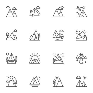 Dağ manzarası çizgisi simgeleri ayarlandı. Doğrusal biçim sembolleri koleksiyonu, ana tabela işaretleri paketi. Vektör grafikleri. Set, karlı dağ zirvesi, volkan patlaması, bulutlar, orman ağaçları, vadi tepesi gibi ikonları içerir.