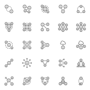 Sosyal ağ bağlantı çizgisi simgeleri ayarlandı. Bağlı insanlar doğrusal stil sembolleri koleksiyonu, ana tabela paketleri. Vektör grafikleri. Ayarlar kullanıcı grubu paylaşımı, ağ oluşturma ve iletişim olarak simgeleri içerir