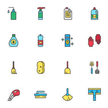 Temizlik ekipmanları ana hatları doldurulmuş ikonlar, çizgi vektör sembolü koleksiyonu, doğrusal renkli piktogram paketi. İmza, logo illüstrasyonu, Deterjan şişesi olarak simgeler, süpürge paspası, tuvalet fırçası
