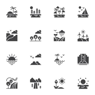 Doğa, manzara vektör simgeleri seti, modern katı sembol koleksiyonu, doldurulmuş biçim piktogram paketi. İşaretler, logo illüstrasyonu. Sahilde gün batımı, deniz manzarası, şelale, dağlar, vadi gibi ikonlar 