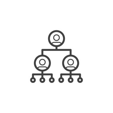 Organizasyon çizelgesi simgesi. Mobil konsept ve web tasarımı için doğrusal biçim işareti. İnsanlar grup ana hatları vektör ikonu oluşturur. Hiyerarşik yapı sembolü, logo çizimi. Vektör grafikleri