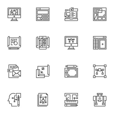Grafik tasarım çizgisi simgeleri ayarlandı. Fikir, yaratıcılık doğrusal stil sembolleri koleksiyonu, tabela işaretleri paketi. Vektör grafikleri. Dekorasyon çizim aracı, grafik tableti, yazı tipi, portföy olarak simgeleri içerir