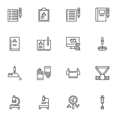 Bilimsel araştırma çizgisi simgeleri ayarlandı. Kimya doğrusal stil sembolleri koleksiyonu, ana hat işaretleri paketi. Vektör grafikleri. Kimyasal formül olarak simgeler, laboratuvar faresi, mikroskop, DNA testi