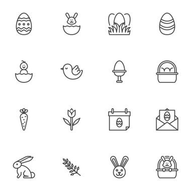 Mutlu Paskalya çizgisi simgeleri. doğrusal stil sembolleri koleksiyon ana çizgi işaretleri paketi. Vektör grafikleri. Set simgeleri yumurta dekorasyonu, takvim günü, tavşan, paskalya yumurtası sepeti, davetiye kartı, piliç