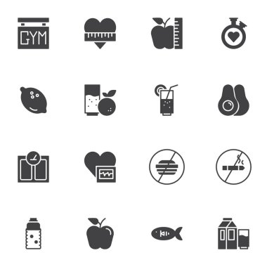 Sağlıklı yaşam tarzı vektör simgeleri seti, modern katı sembol koleksiyonu, doldurulmuş biçim piktogram paketi. İşaretler, logo illüstrasyonu. Diyet yemekleri, deniz ürünleri, su şişesi, spor salonu, portakal suyu olarak simgeler