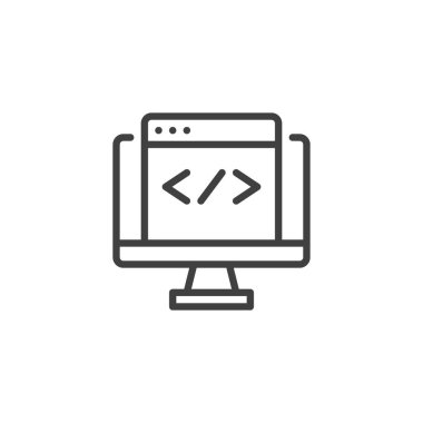 Kodlama, web geliştirme çizgisi simgesi. Mobil konsept ve web tasarımı için doğrusal biçim işareti. Web sitesi ana hatlı vektör simgesi programlıyor. Sembol, logo çizimi. Vektör grafikleri