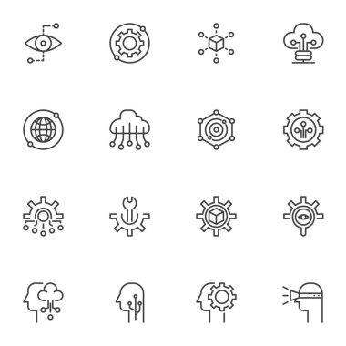 Teknoloji, ağ bağlantı simgeleri ayarlandı. Doğrusal biçim sembolleri koleksiyonu, ana tabela işaretleri paketi. Vektör grafikleri. Bulut hesaplama, ayar teçhizatı, bakım, izleme, görme olarak simgeleri küme