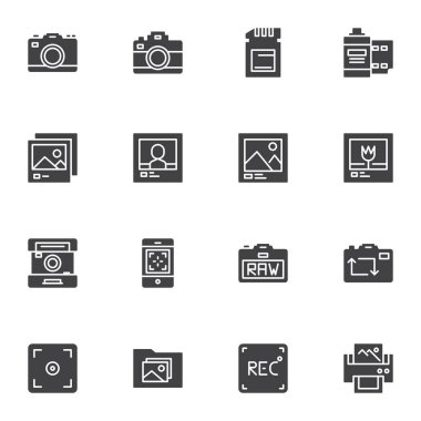 Fotoğraf vektör simgeleri seti, modern katı sembol koleksiyonu, doldurulmuş biçim piktogram paketi. Logo illüstrasyonu imzala. Kamera, sd kartı, film şeridi, görüntü bulucu, resim yazdırma olarak simgeleri küme