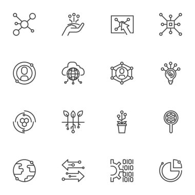Teknoloji bağlantı hattı simgeleri ayarlandı. doğrusal stil sembolleri koleksiyon ana çizgi işaretleri paketi. Vektör grafikleri. Küresel ağ bağlantısı, bulut hesaplaması, transfer okları, paylaşım bağlantısı olarak simgeleri içerir