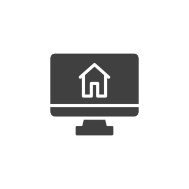 Ev vektör simgesi ile bilgisayar monitörü. Mobil konsept ve web tasarımı için düz tabela. Anasayfa ekranı simgesi. Sembol, logo çizimi. Vektör grafikleri